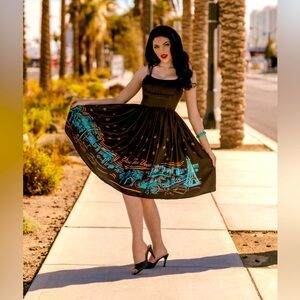 ROCKIN BETTIE BOULEVARD NIGHTS VIVA LAS VEGAS BORDER PRINT SWING DRESS XL pinup
